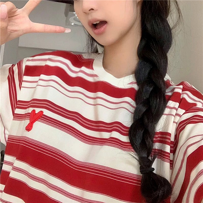 美式复古红色条纹短袖通勤常规