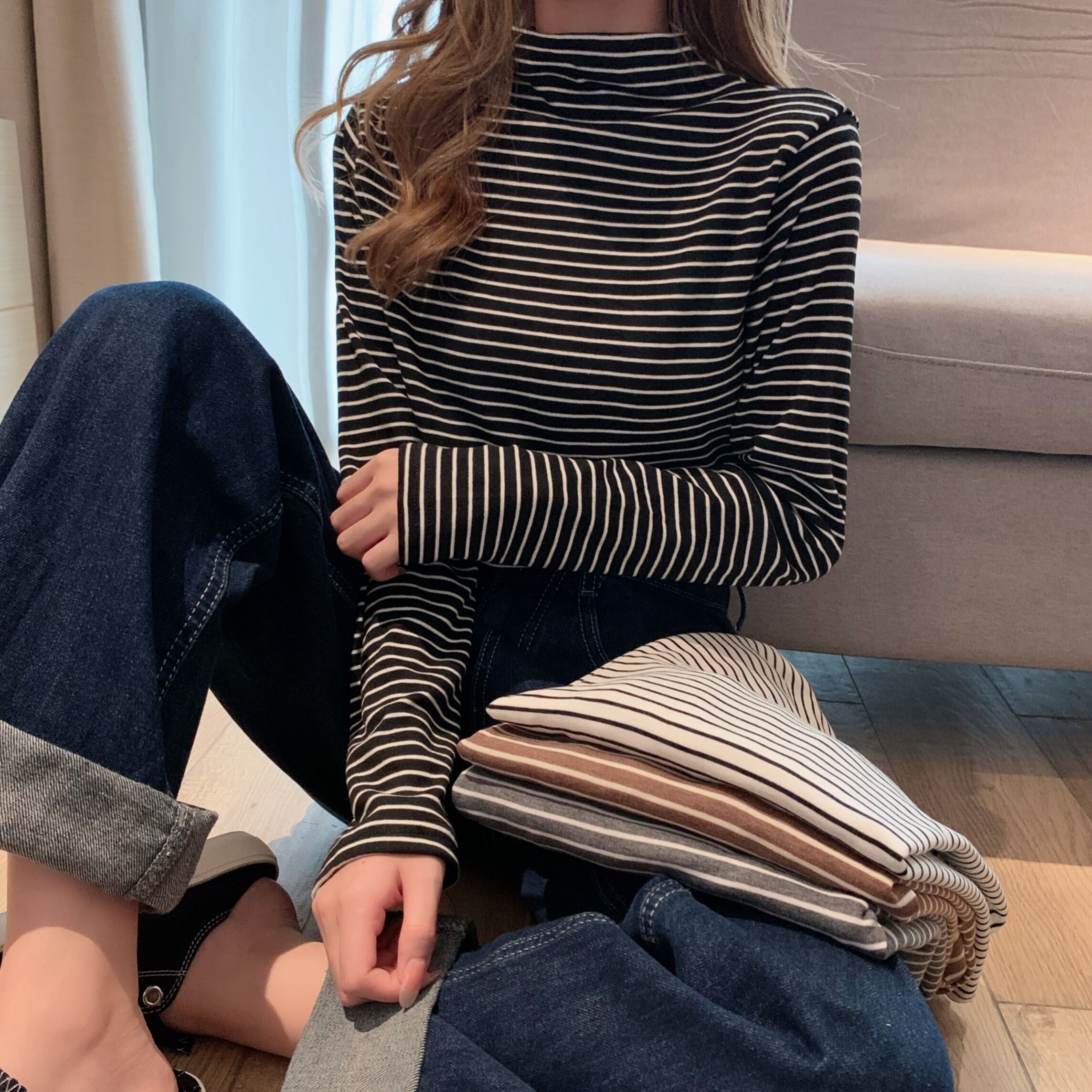 2023秋冬季打底衫内搭半高领T恤长袖女装条纹白色百搭ins修身上衣