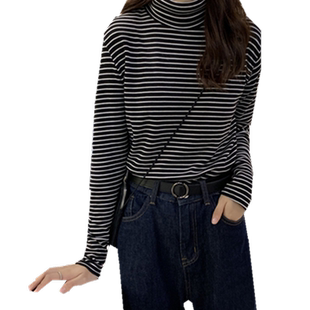 2023年新款韩版内搭高领长袖t恤洋气条纹打底衫女装春秋冬季上衣