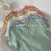 t恤女夏装 露脐上衣纯色设计感小众圆领螺纹短袖 甜酷辣妹短款 美式