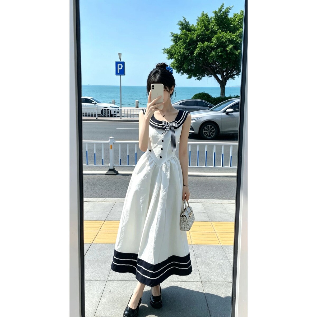夏季新款法式海军领撞色