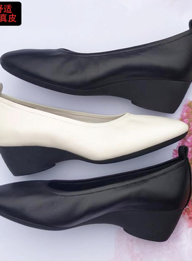 坡跟单鞋梁雅氏邦女鞋粗跟浅口瓢鞋四季鞋圆头真皮舒适软底妈妈鞋