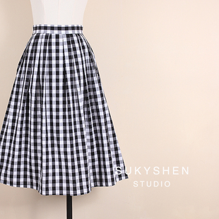 素秋 格子百褶裙a字半身裙女高腰2023新款春夏中长款黑白裙子通勤