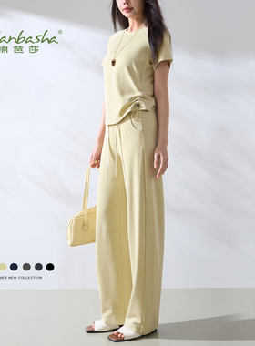 棉芭莎休闲套装修身型圆领抽绳插肩袖短袖时尚百搭运动裤子2026夏