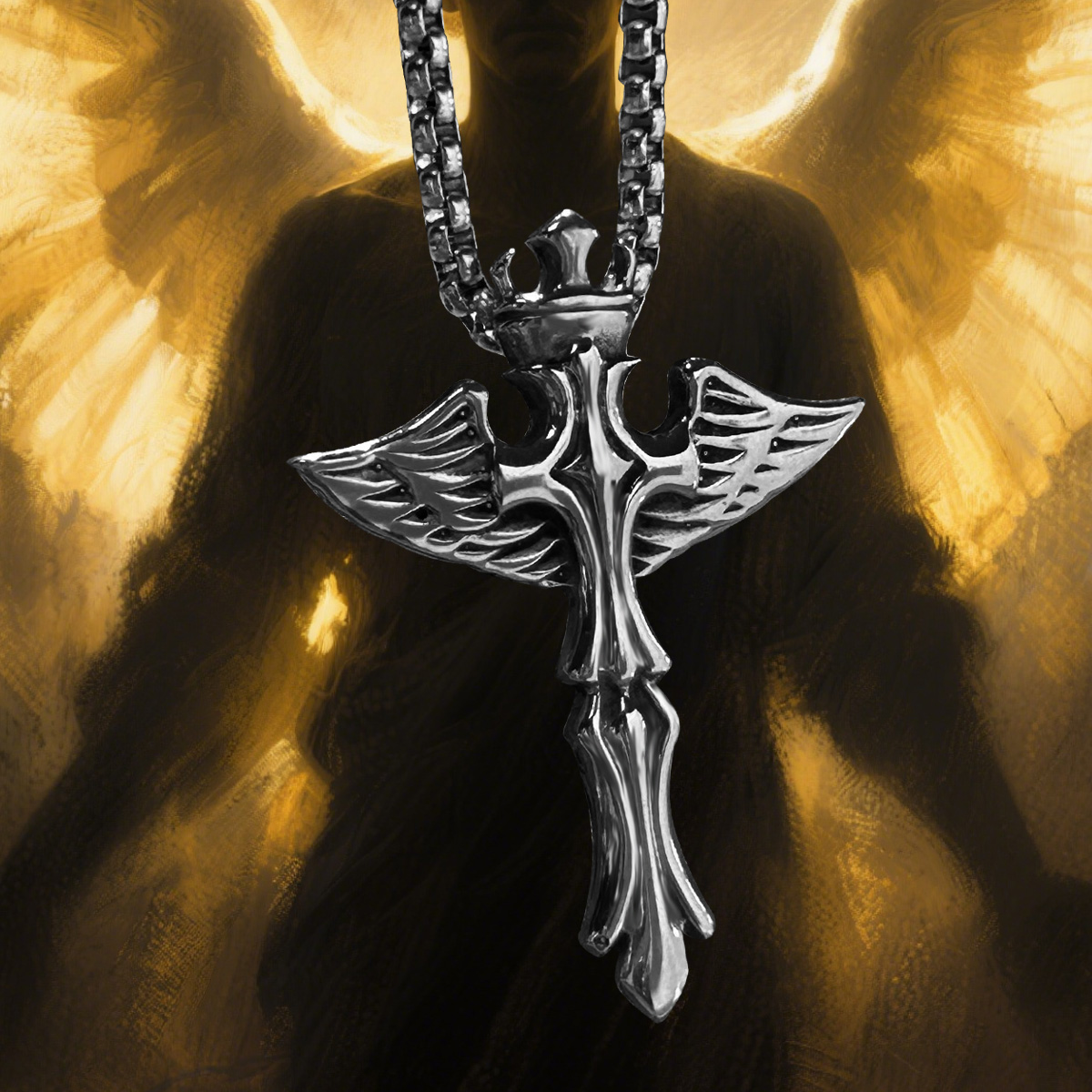皇冠天使翅膀钛钢吊坠项链