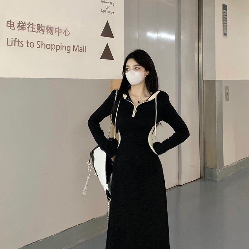 大码连帽长袖连衣裙女秋季新款女装裙子胖mm遮肚显瘦黑色长裙