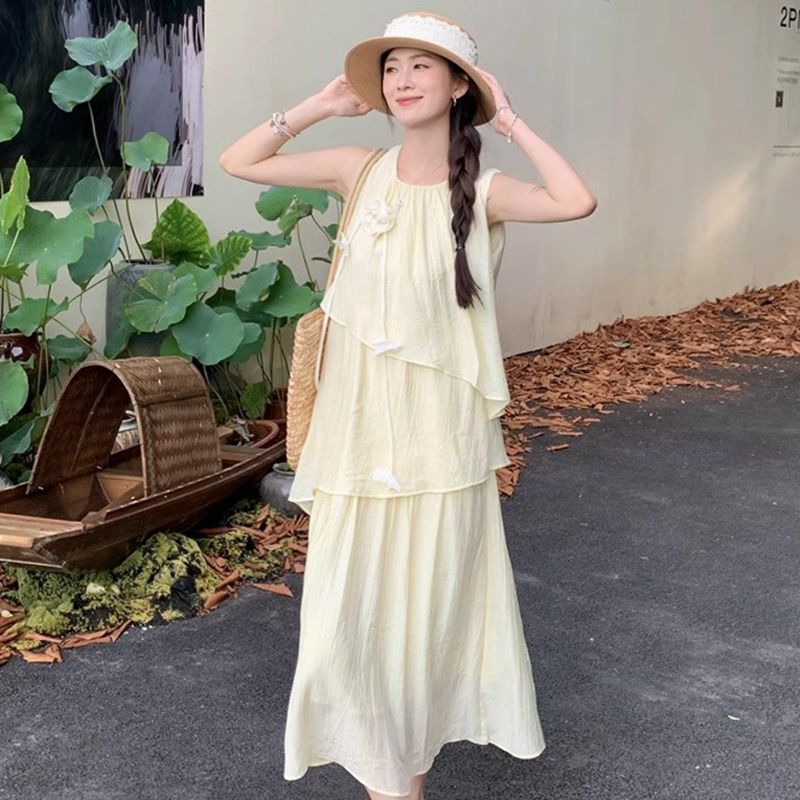 原版做法有内里吊带背心连衣裙女初恋气质海边度假无袖蛋糕长裙子