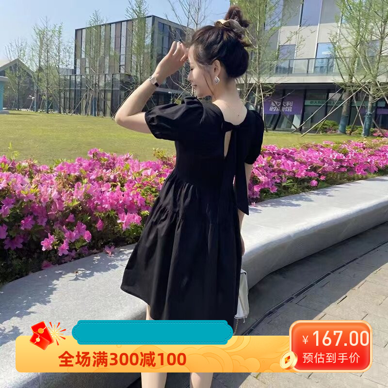连衣裙女夏新款韩版中长款法式宽松方领赫本风蝴蝶结裙子显瘦