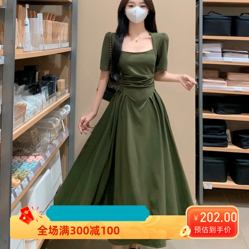 法式大码连衣裙胖MM夏装新款气质高级感收腰显瘦方领茶歇裙子