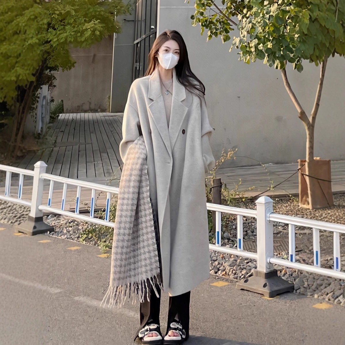 反季燕麦色毛呢大衣女秋冬新款韩版宽松中长款过膝毛呢外套