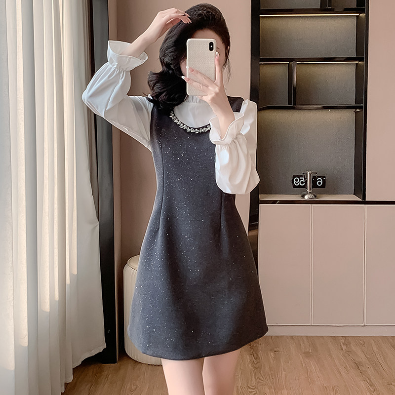 小洋装两件套连衣裙女秋冬法式名媛穿搭背心裙花边长袖衬衫套装裙