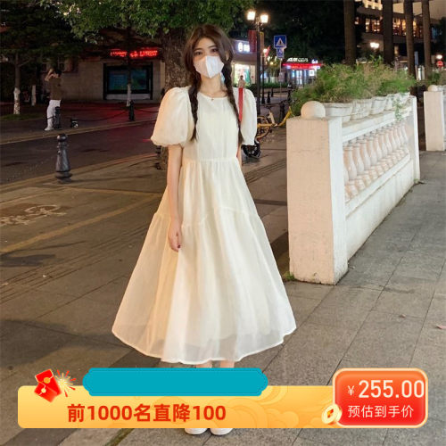 夏季新款韩版温柔风褶皱收腰中长款短袖初恋裙白月光连衣裙女