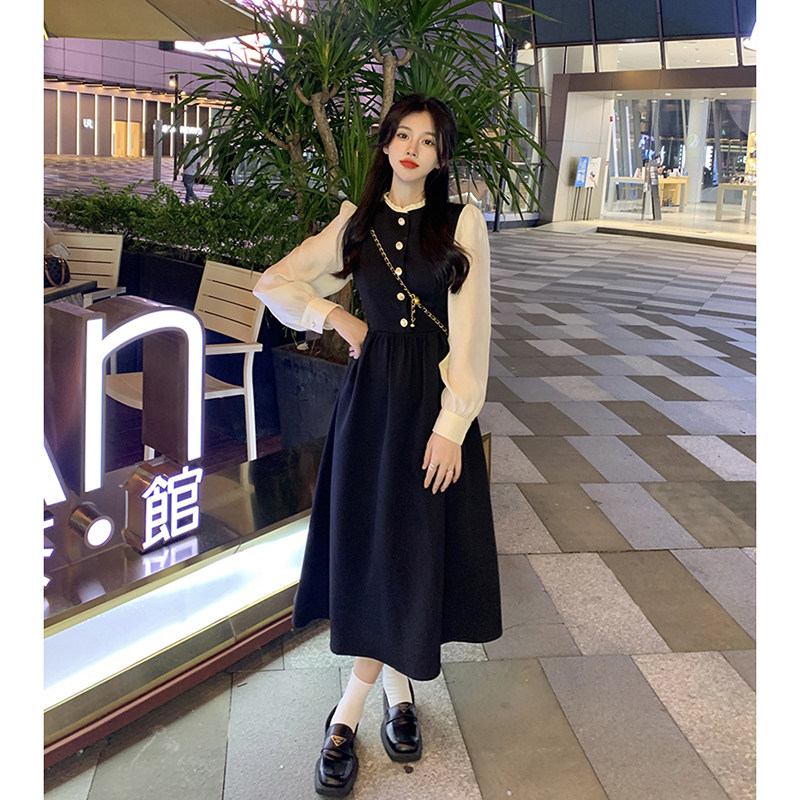 法式泡泡长袖连衣裙女装秋季新款名媛气质设计感赫本风长裙子