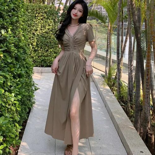 夏季新款大码胖mm连衣裙一片式侧开叉v领显瘦收腰连衣裙女