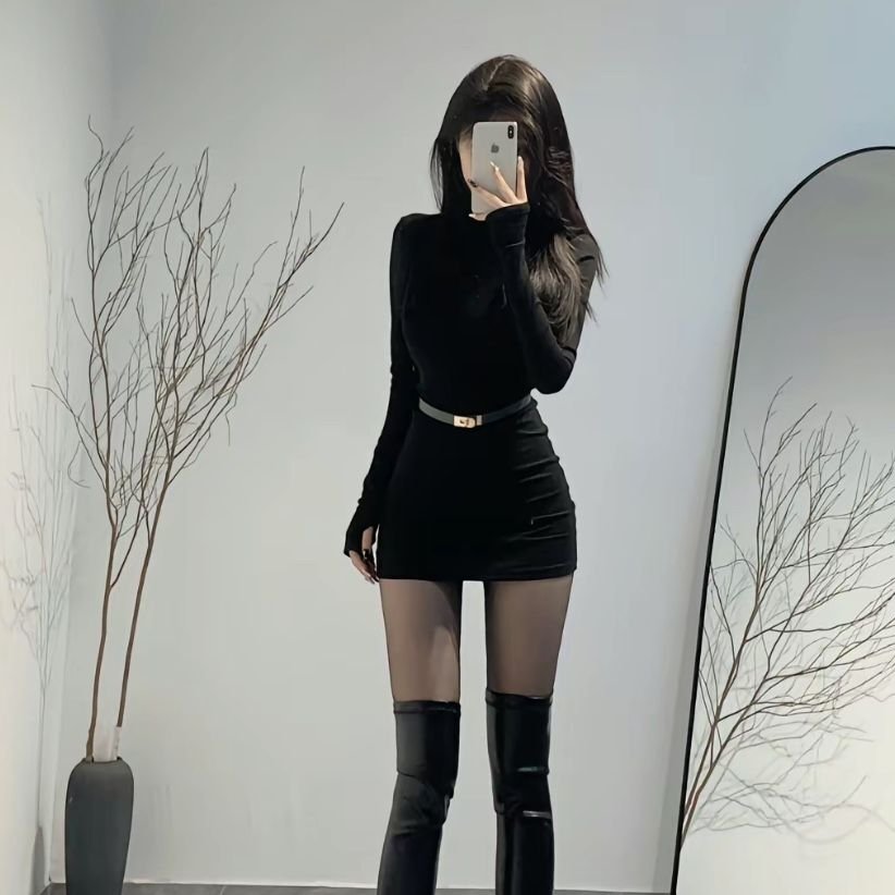 半高领针织包臀连衣裙秋冬女辣妹修身纯欲短裙长袖紧身裙子配腰带