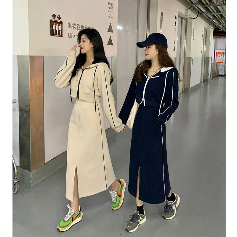 美式短款拉链连帽卫衣中长款开叉半身裙女秋季新款时尚套装
