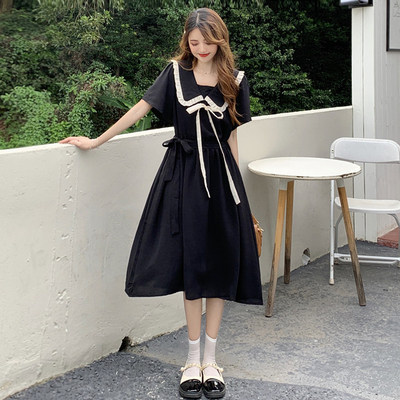 有腰带娃娃领连衣裙女夏季新款收腰显瘦a字裙减龄仙女长裙