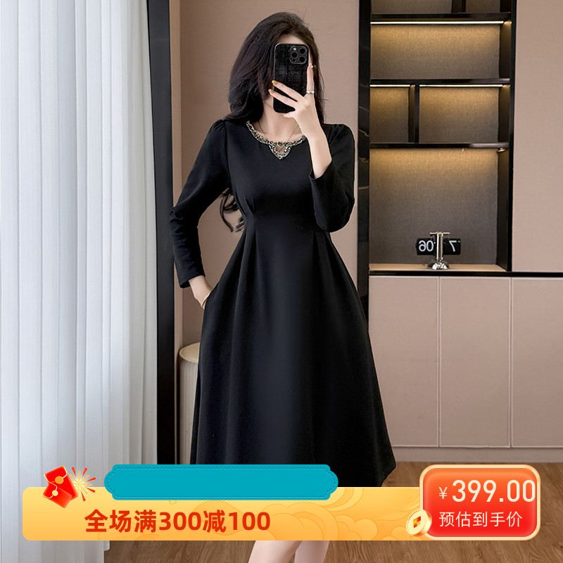 时尚洋气修身显瘦黑色气质大码女装胖mm长袖连衣裙子春秋季中长款