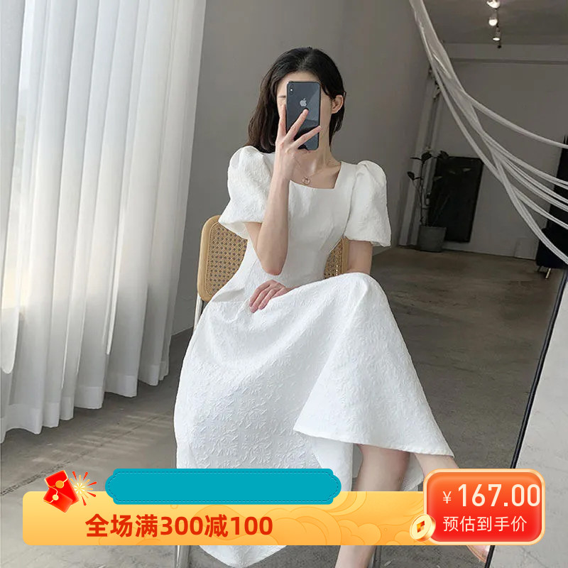 法式初恋白色大摆长裙子夏新款方领显瘦气质提花领证连衣裙女