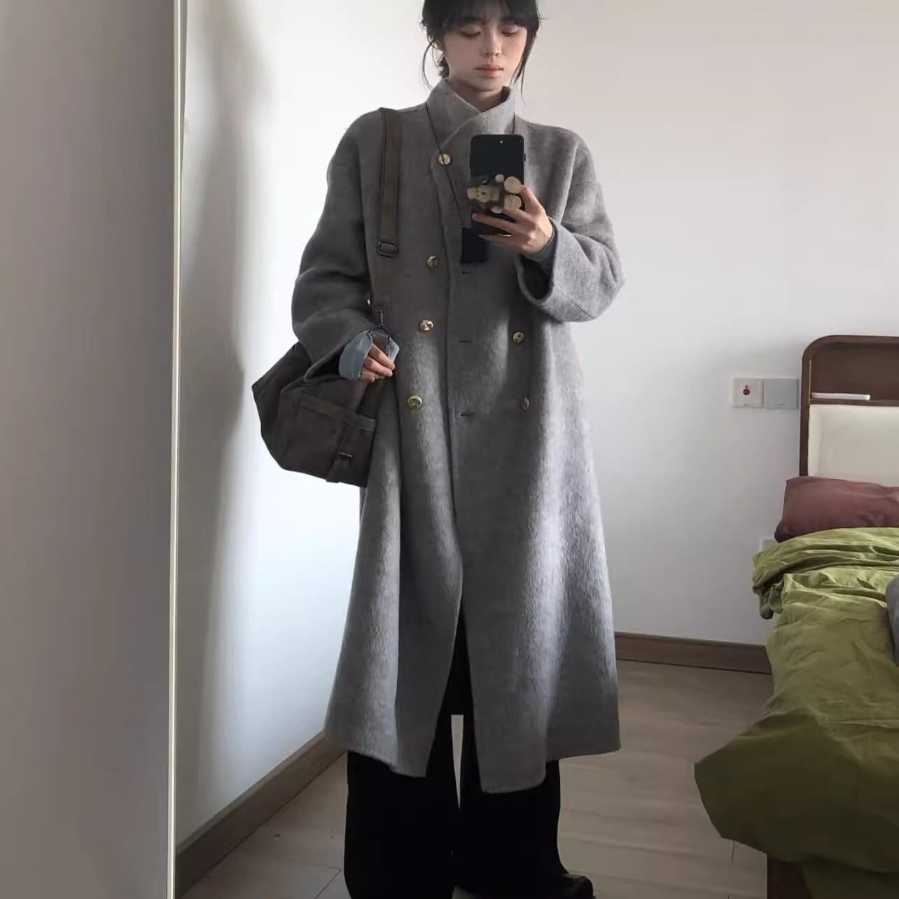 灰色毛呢大衣女2026年新款秋冬高级感毛呢小个子立领中长款外套