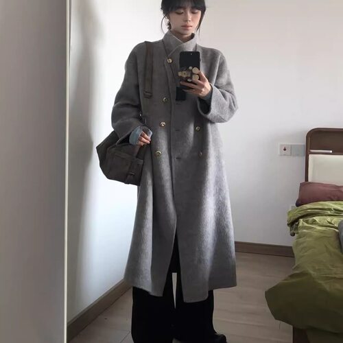 灰色毛呢大衣女2026年新款秋冬高级感毛呢小个子立领中长款外套