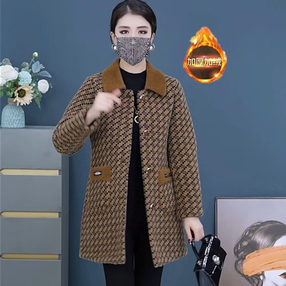 妈妈装秋冬新款加绒加厚中长款外套中老年女洋气百搭保暖毛呢大衣