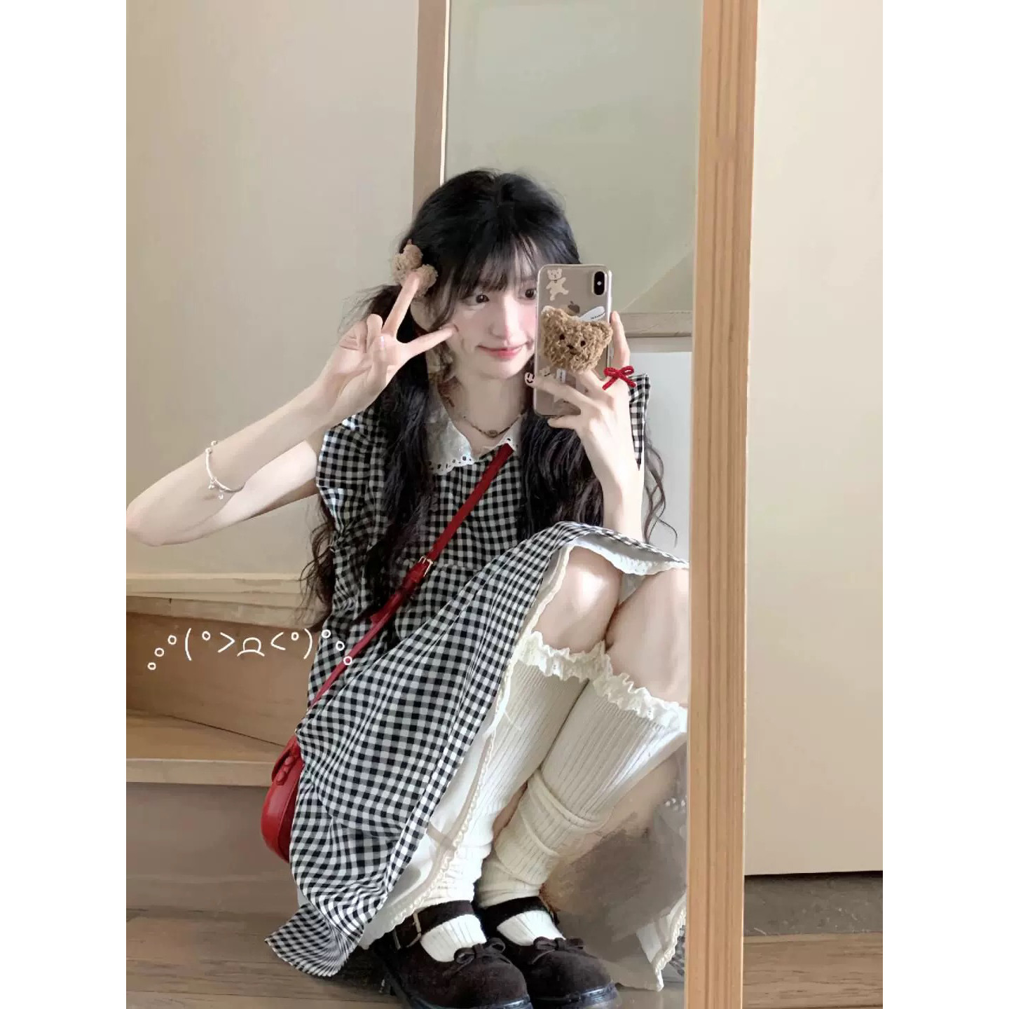 法式甜美坎肩连衣裙女夏季小个子裙子娃娃领格子裙飞飞袖气质短裙
