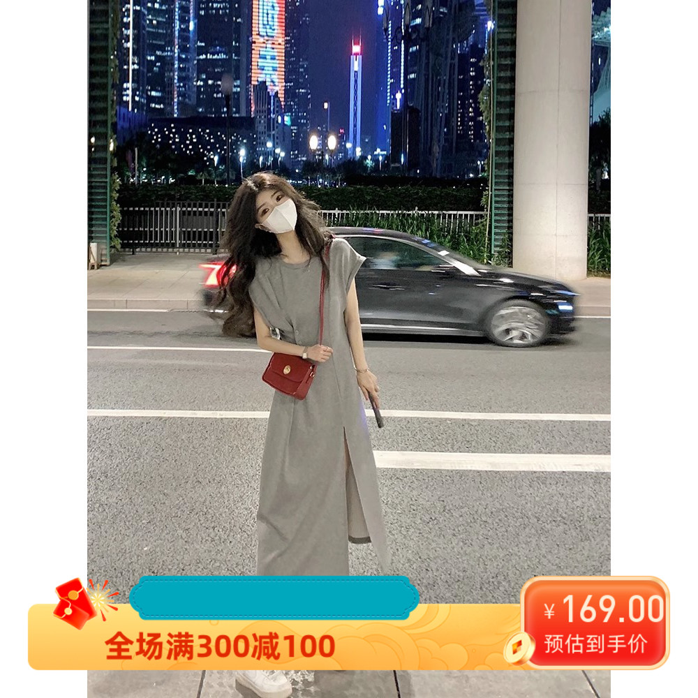 新款显瘦小众设计感灰色休闲t恤连衣裙子夏季女装开叉长裙