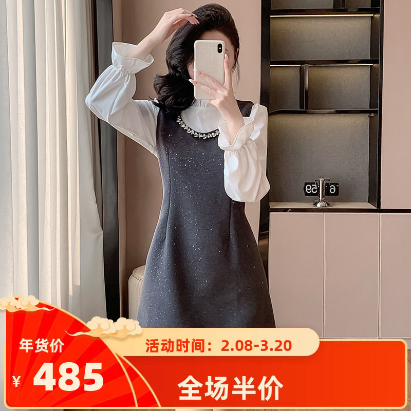 小洋装两件套连衣裙女秋冬法式名媛穿搭背心裙花边长袖衬衫套装裙