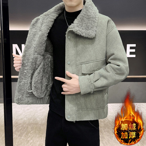 秋冬季新款毛领夹克男加绒加厚翻领高端潮流保暖皮毛一体外1224n