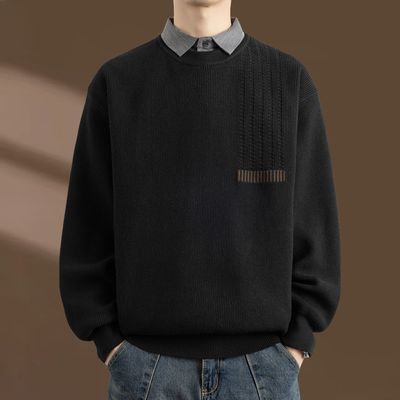 侨迪蒙拉高级感秋冬季加绒加厚假两件男毛衣内搭衬衫领针织衫保暖