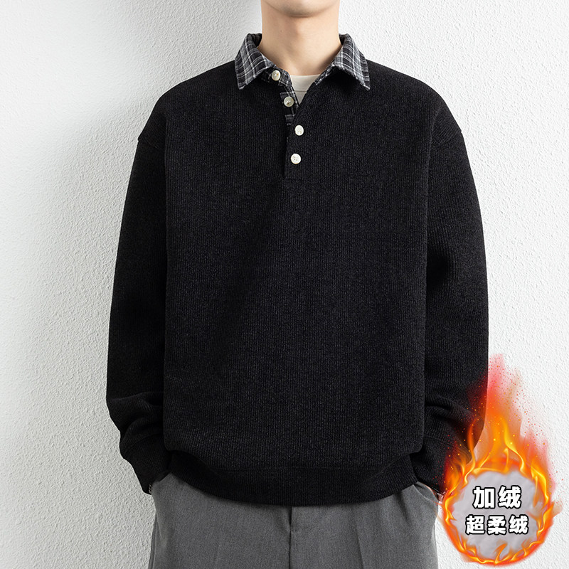 侨迪蒙拉冬季衬衫领加绒加厚针织衫男假两件保暖高级感一体绒毛衣