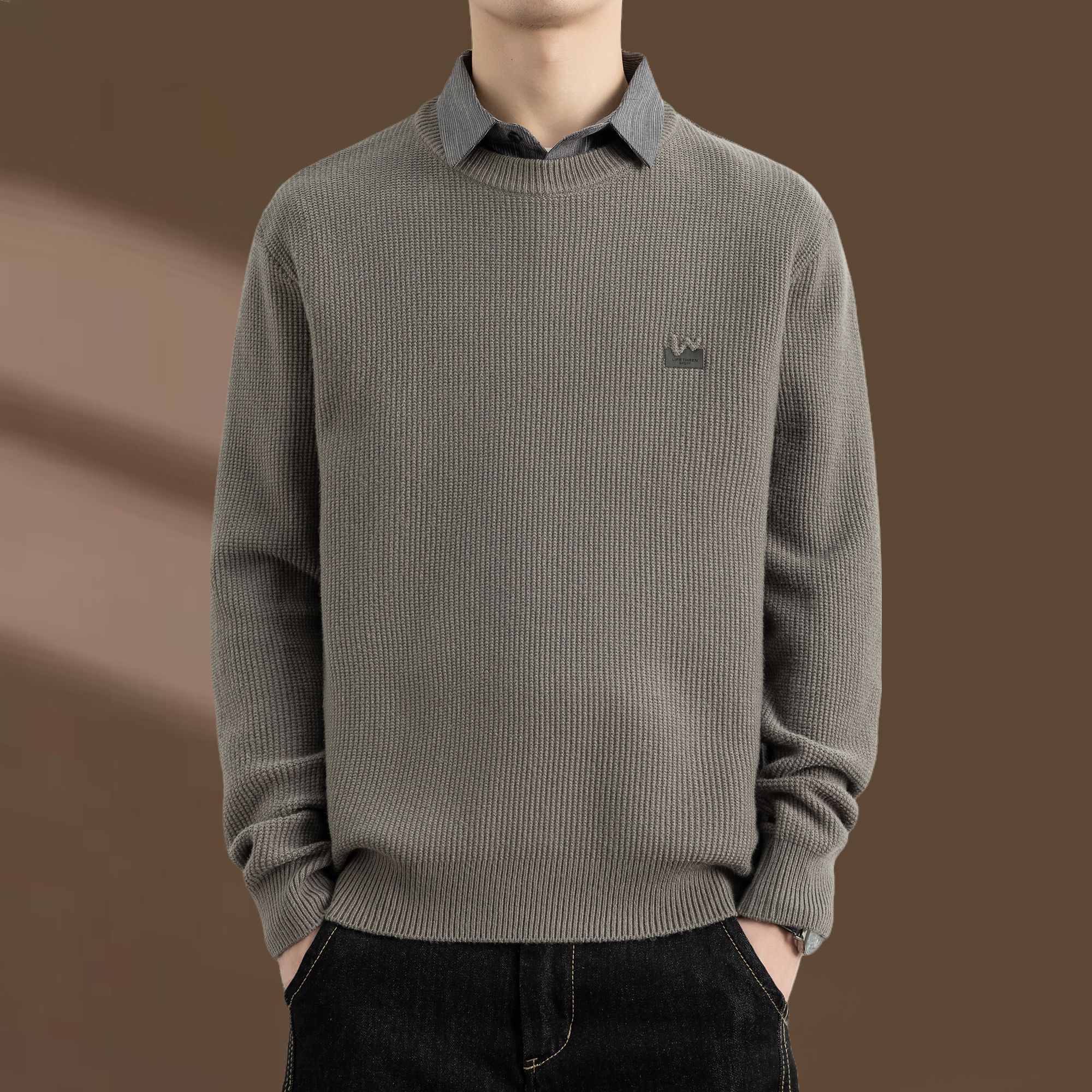 侨迪蒙拉秋冬季新款男高级感加厚衬衫领针织衫保暖内搭毛衣假两件