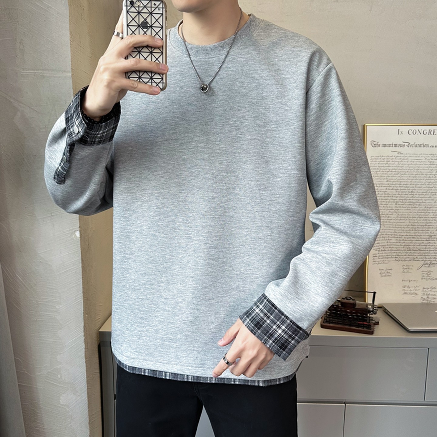 2026新款个性格子拼接男士春秋季上衣青少年时尚打底衫潮牌卫衣,男装,卫衣,淘宝优惠券,粉丝福利购,淘宝优惠卷