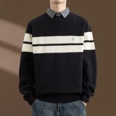 领针织衫 侨迪蒙拉2025年男秋冬季 条纹假两件加厚衬衫 保暖内搭毛衣