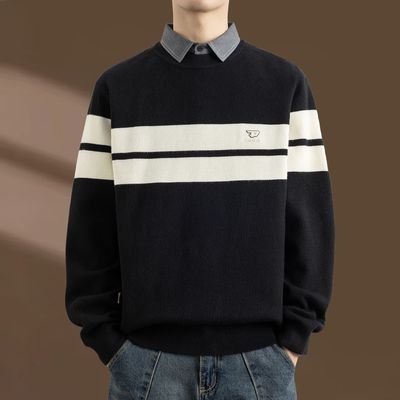 侨迪蒙拉2025年男秋冬季条纹假两件加厚衬衫领针织衫保暖内搭毛衣