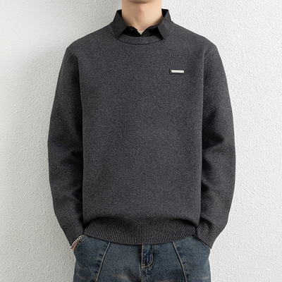 侨迪蒙拉轻奢衬衫领秋冬季针织衫男假两件内搭加厚保暖毛衣打底衫