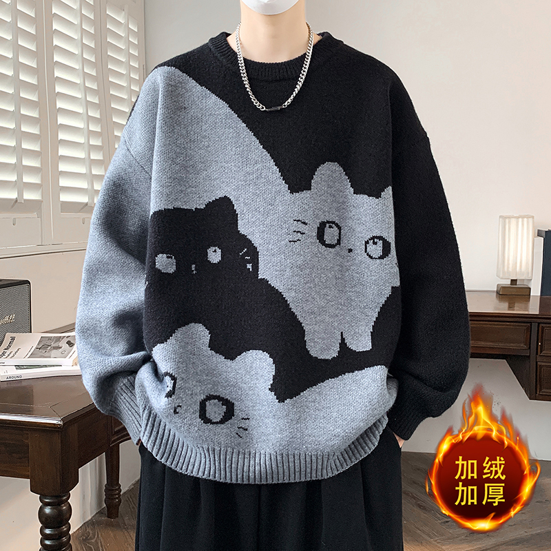 侨迪蒙拉秋冬动物卡通毛衣男加绒加厚圆领针织衫保暖上衣打底衫