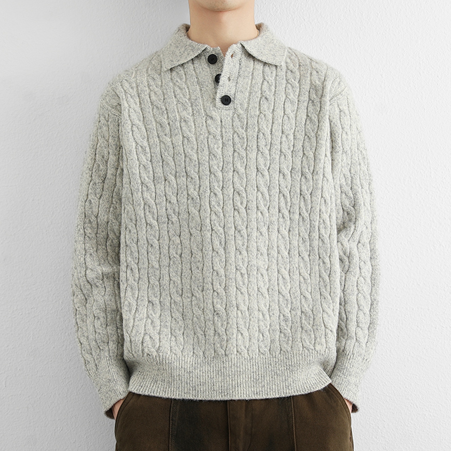翻领麻花秋冬季带纽扣男士针织衫青少年线衣内搭打底加厚保暖毛衣