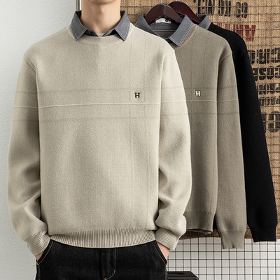 侨迪蒙拉肌理感假两件男士针织衫内搭秋冬季衬衫领毛衣加厚保暖