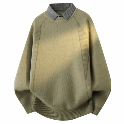 侨迪蒙拉男士秋冬季高端衬衫领针织衫加厚保暖假两件内搭潮流毛衣