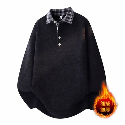 侨迪蒙拉高级感假两件加绒加厚针织衫男衬衫领翻领秋冬季保暖毛衣