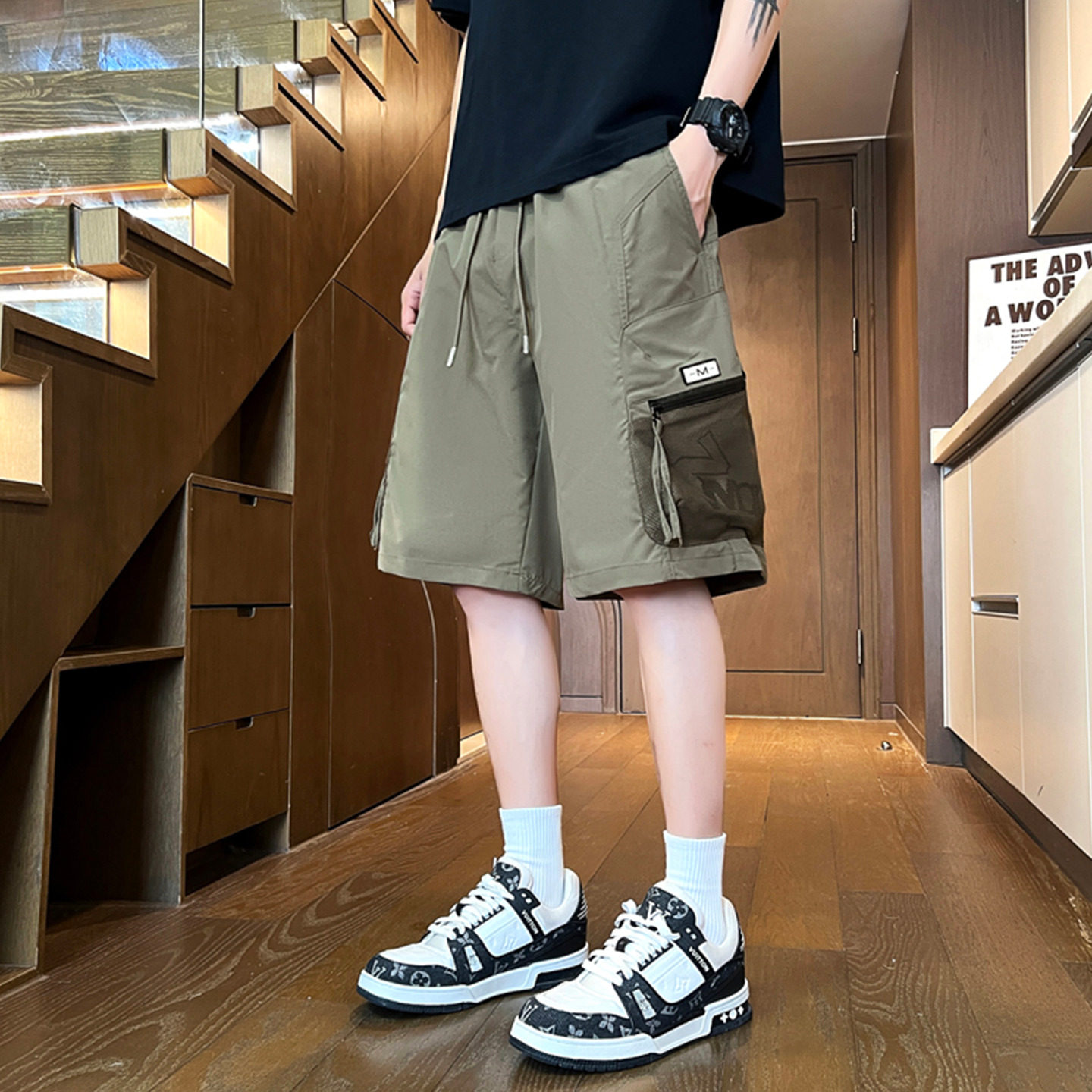 夏季男士宽松休闲带拉链口袋短裤青少年时尚阔腿五分裤百搭潮裤子