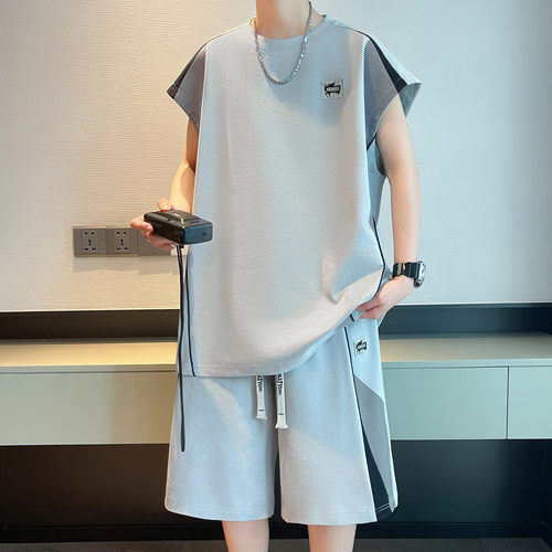 侨迪蒙拉夏季男士宽松短袖短裤两件套青少年时尚网眼高品质潮套装