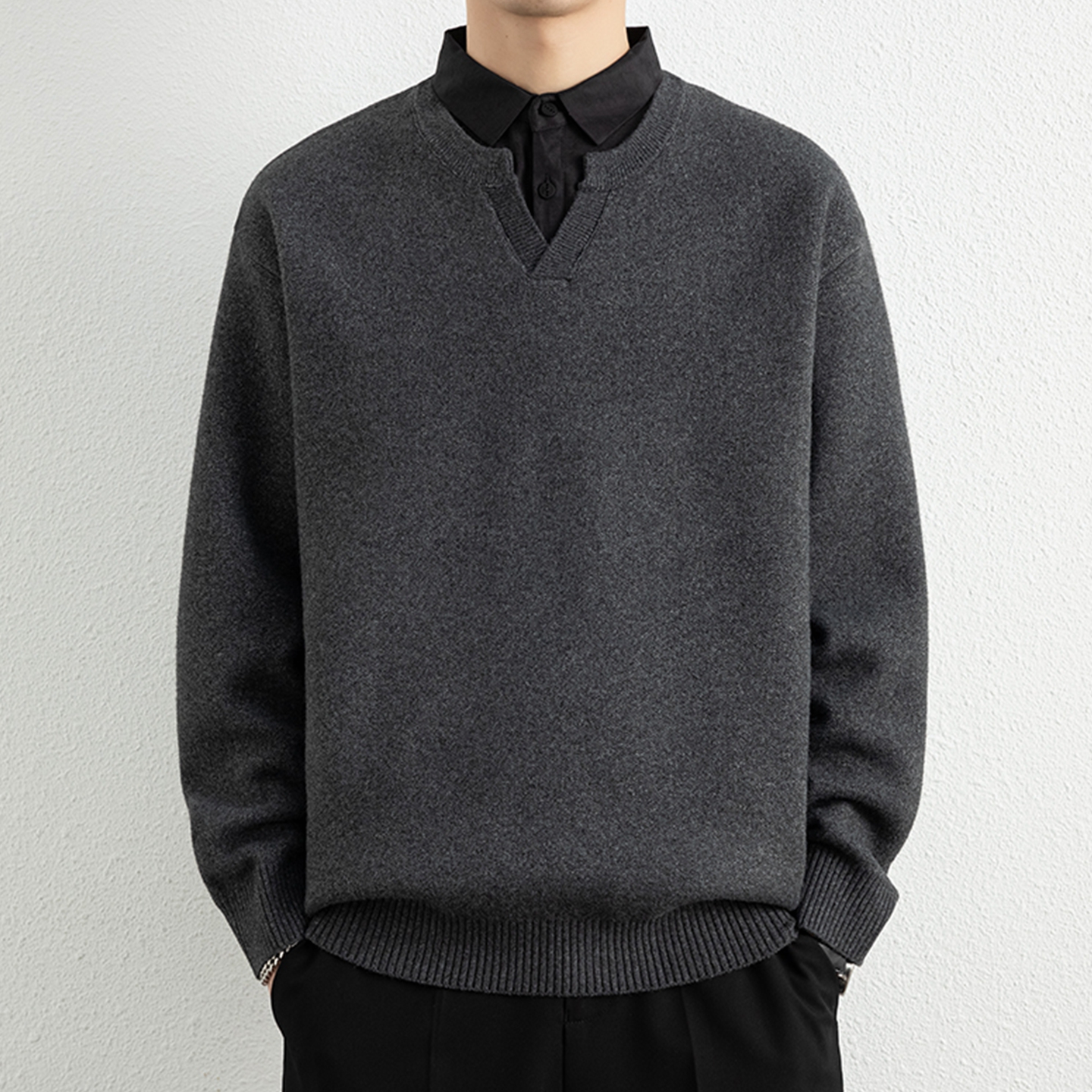 侨迪蒙拉轻奢假两件新款针织衫秋冬季男衬衫领潮牌毛衣内搭打底衫