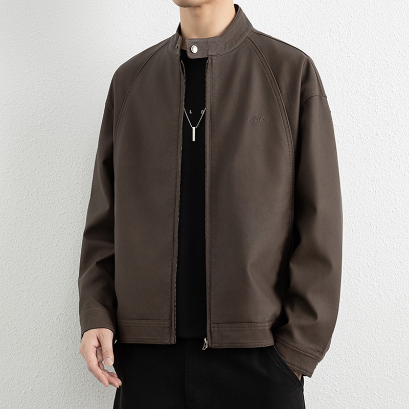 侨迪蒙拉高端刺绣PU皮男士新款秋季皮夹克立领皮衣百搭潮牌外套