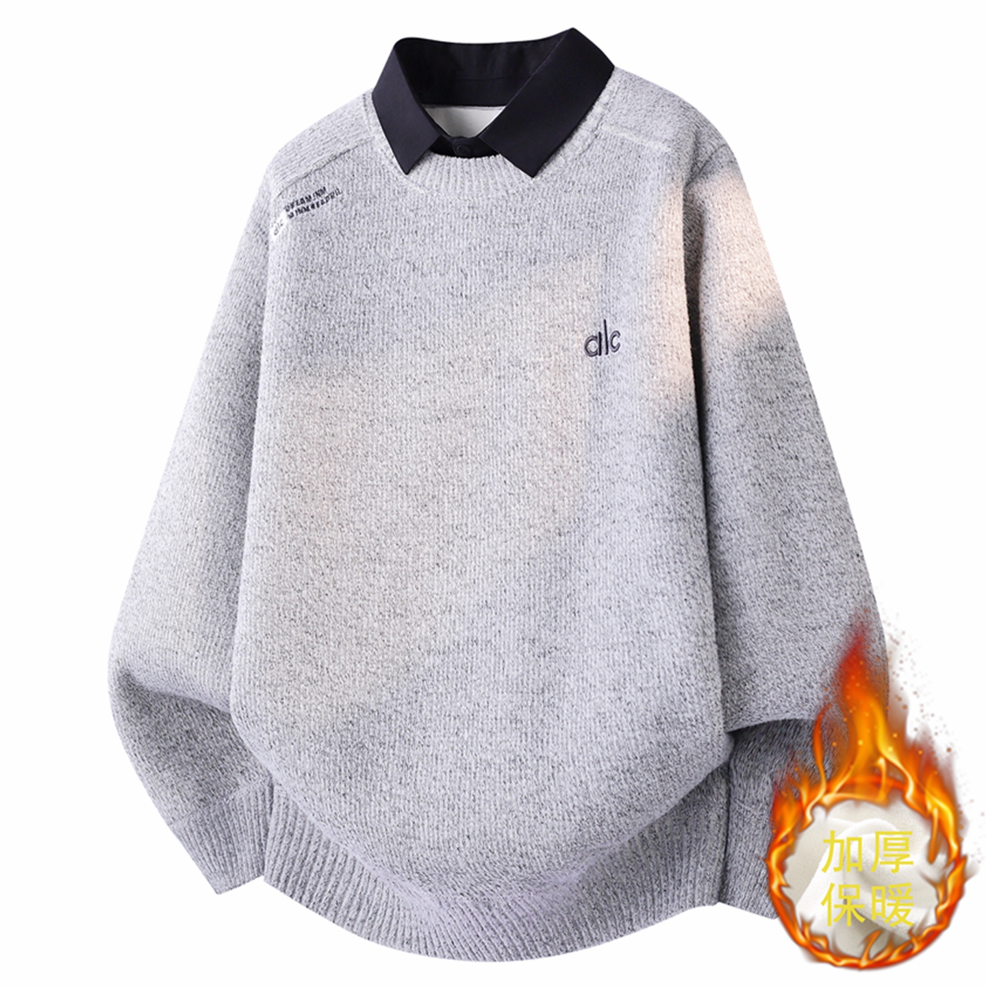 侨迪蒙拉高端衬衫领秋冬季保暖一体绒针织衫男假两件加绒加厚毛衣