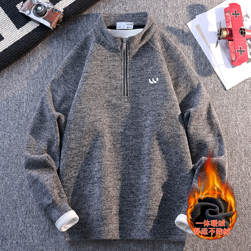 侨迪蒙拉冬季一体绒半拉链高领男保暖针织打底衫加绒加厚潮牌毛衣