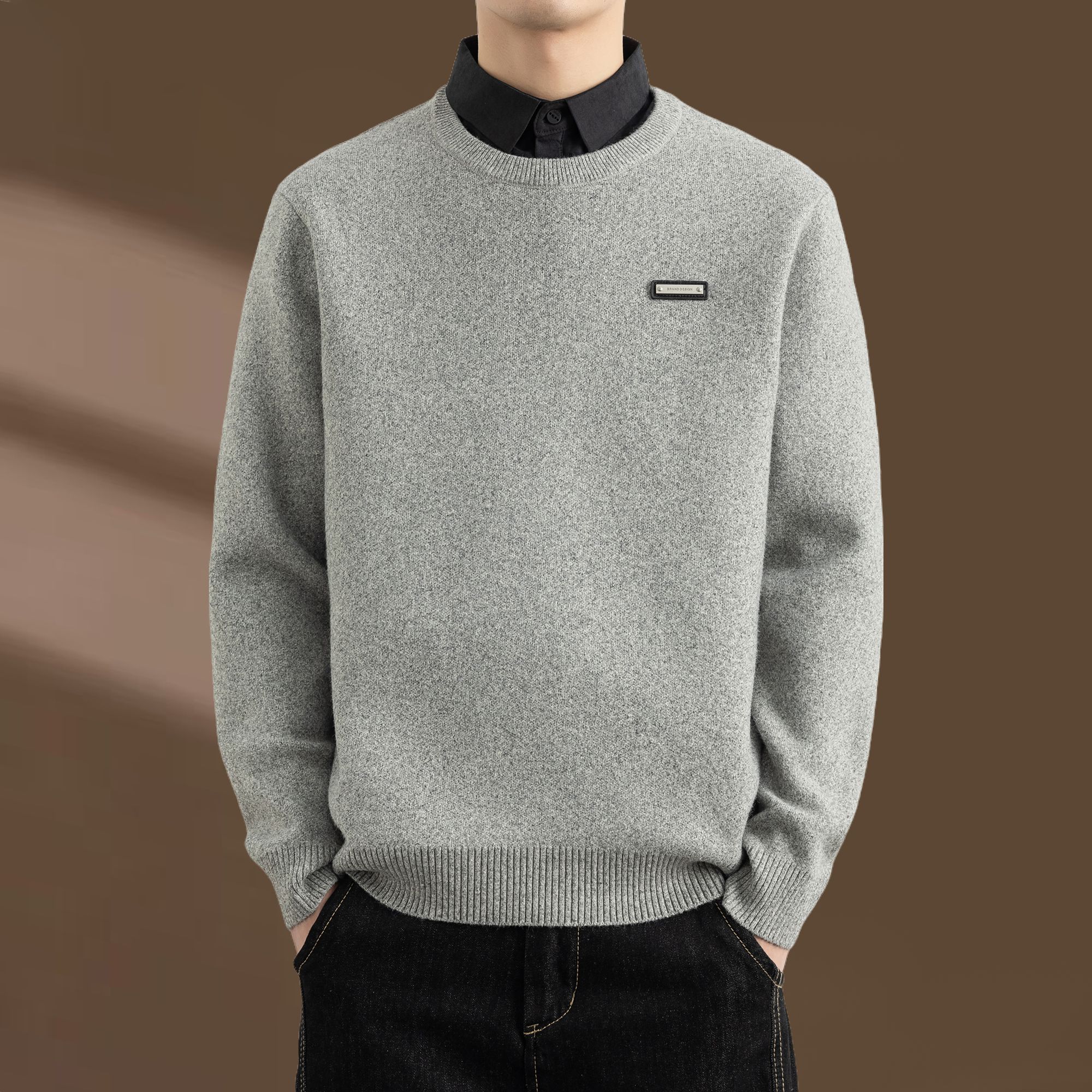 侨迪蒙拉高级感秋冬季男花纱假两件加厚衬衫领针织衫保暖毛衣内搭