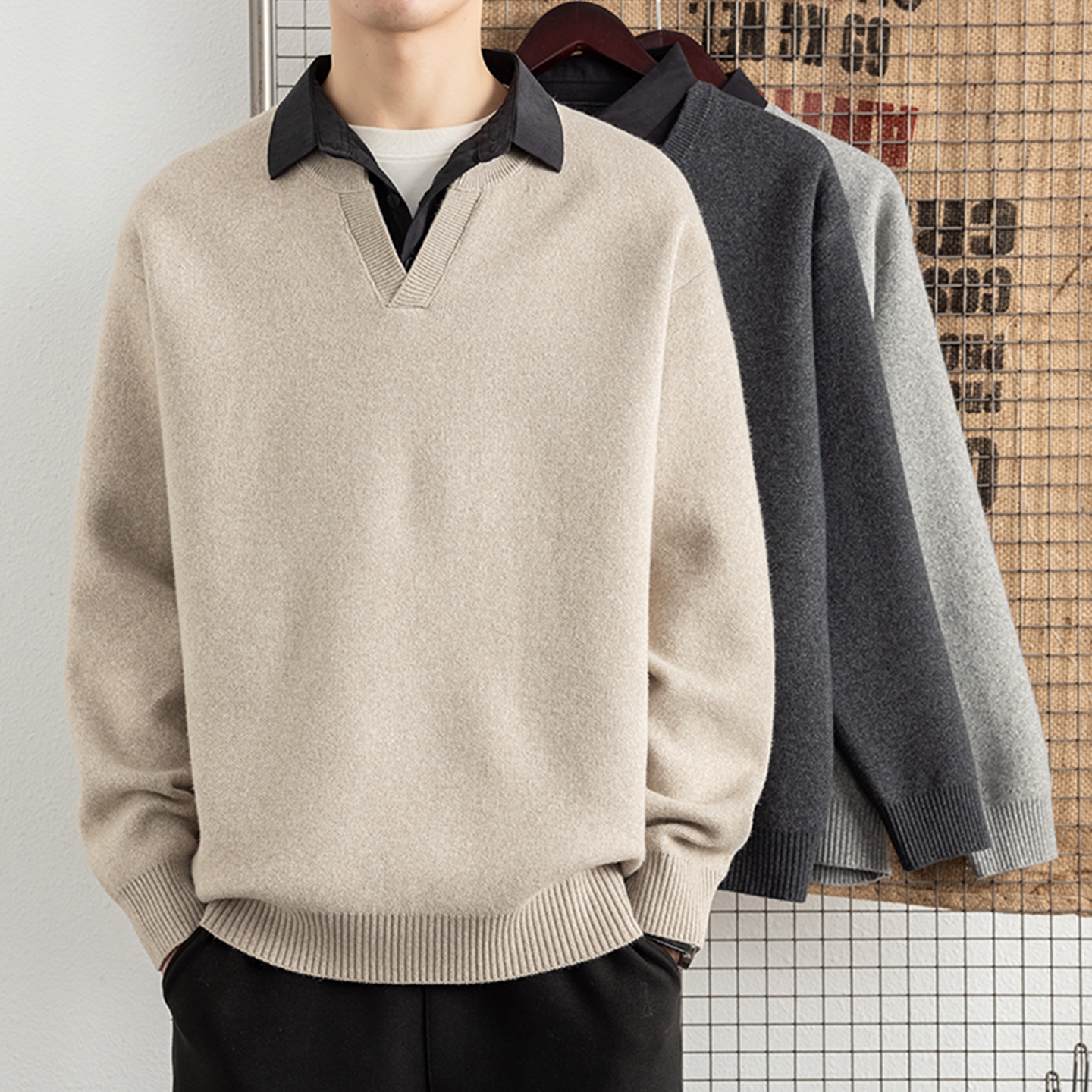 侨迪蒙拉高端衬衫领男士肌理感针织衫秋冬假两件潮牌毛衣内搭加厚